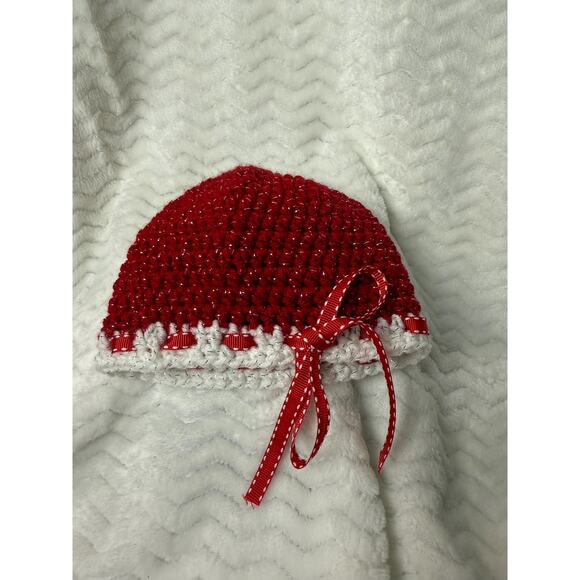 Crochet Beanie newborn - 6 months, red, white, and ribbon accented hat. Handmade - Picture 5 of 7